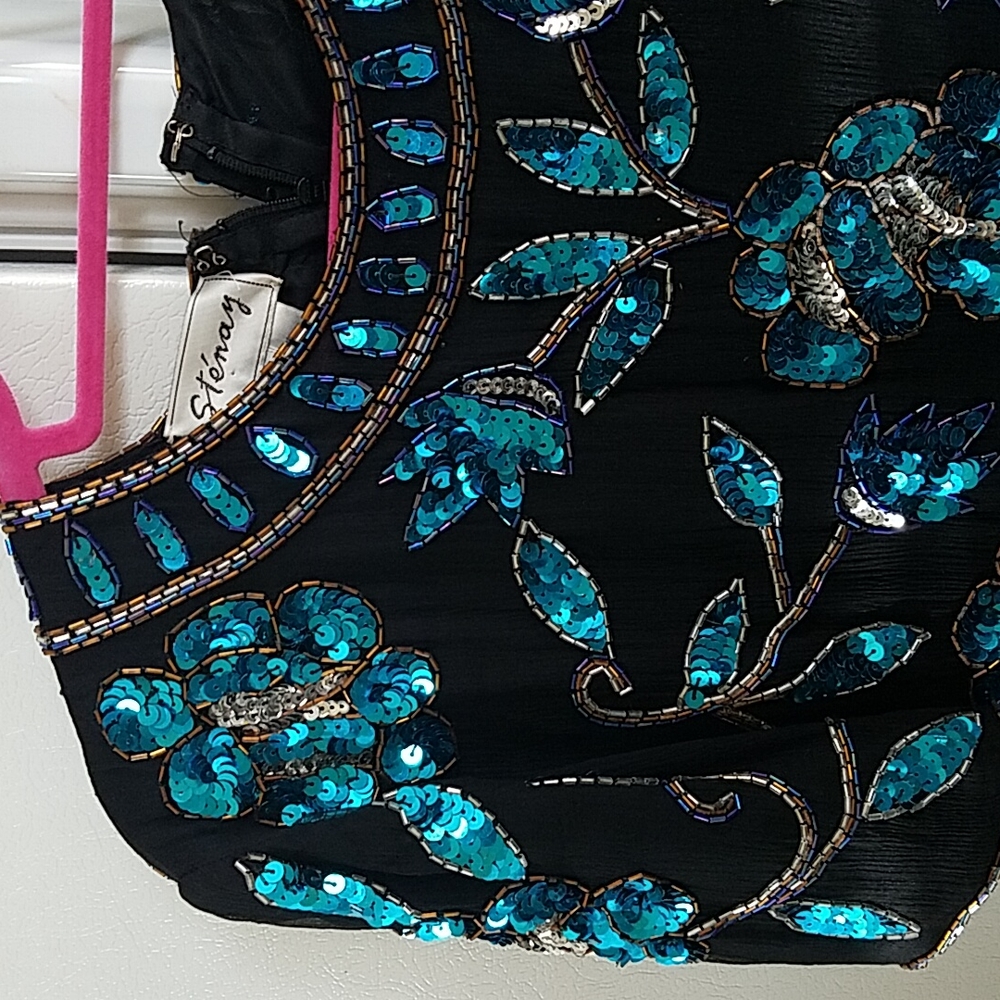 Vintage Sequin Black Silk top Blue flowers  80's 90s Stenay disco date night